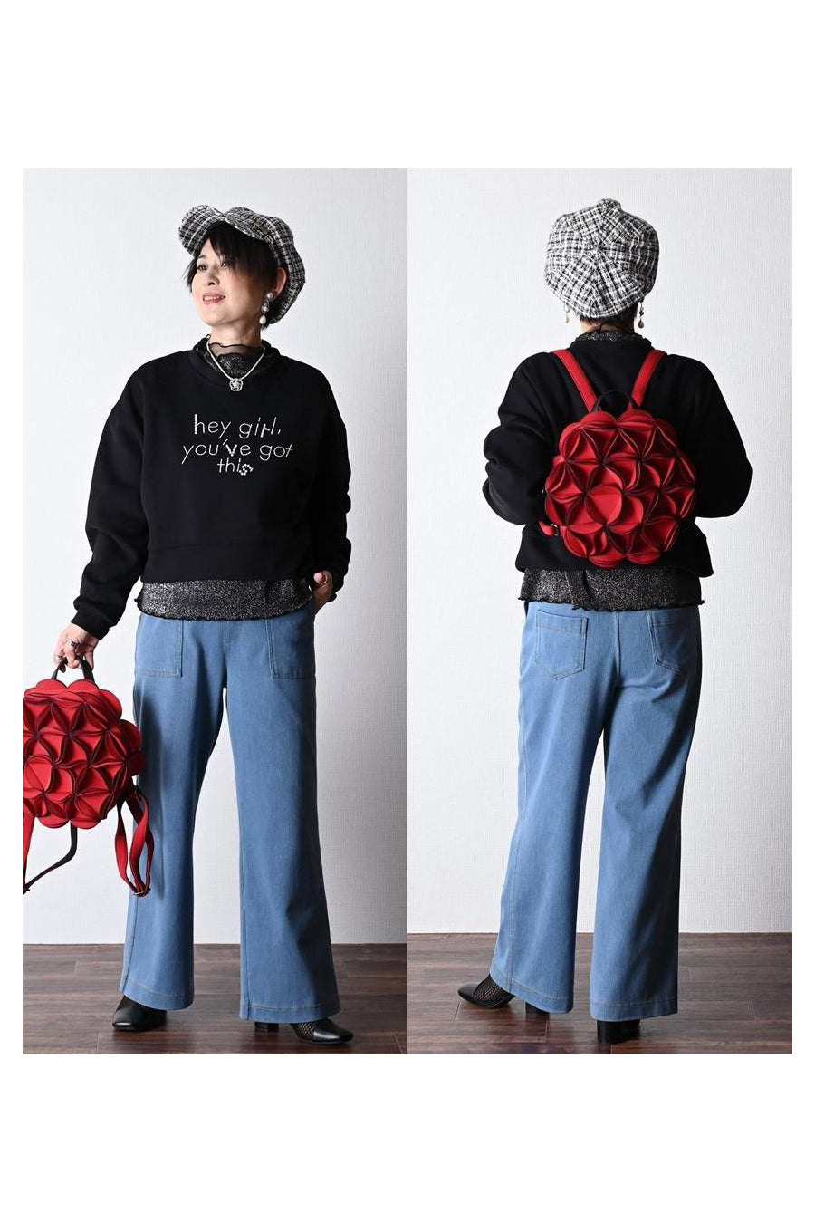 ロゴ刺繍&パール クロップド丈オフショルダートレーナー