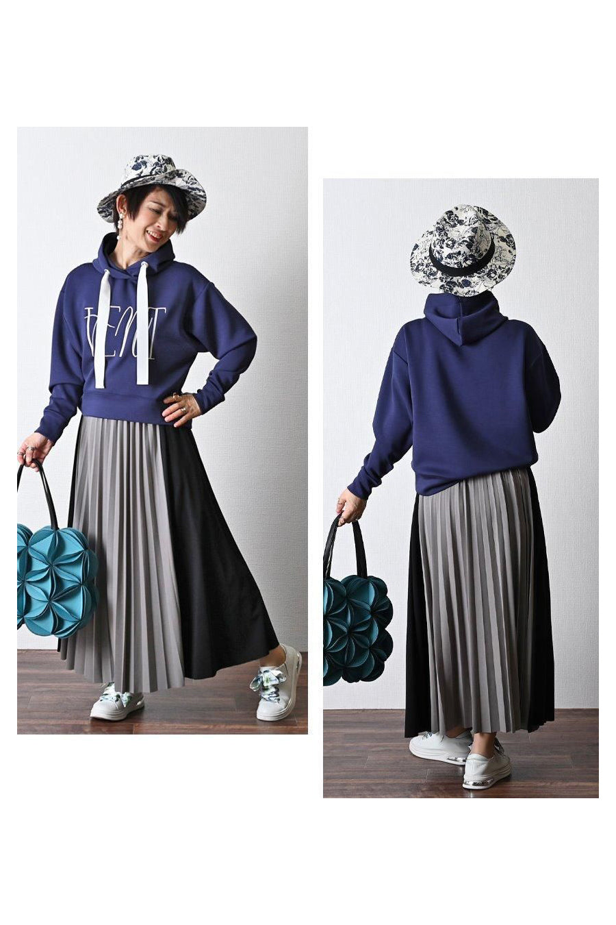 細見えと脚長効果!バイカラープリーツ 切り替えスカート