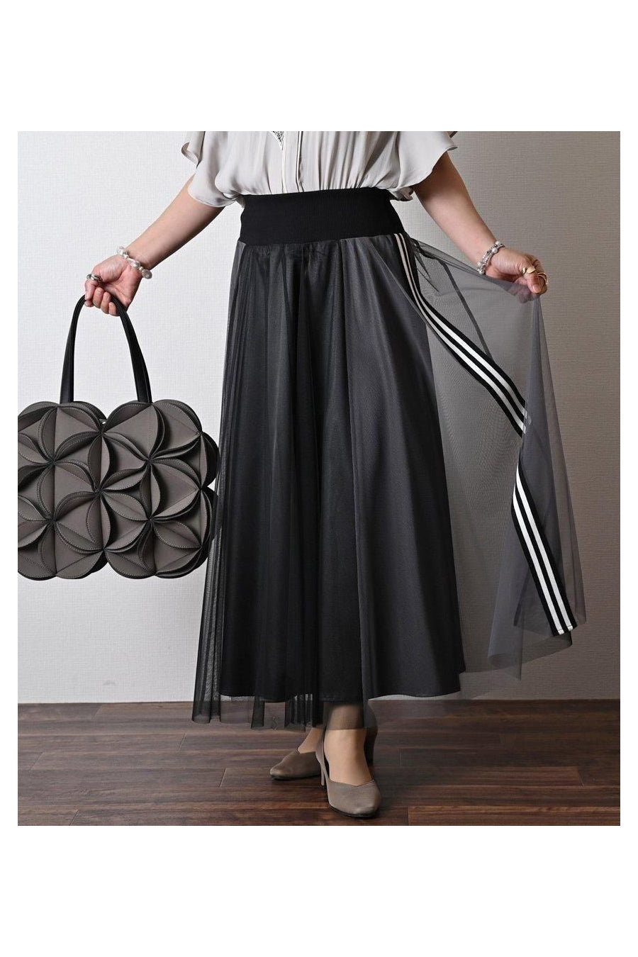 サイドテープシャイニーチュールレイヤードスカート