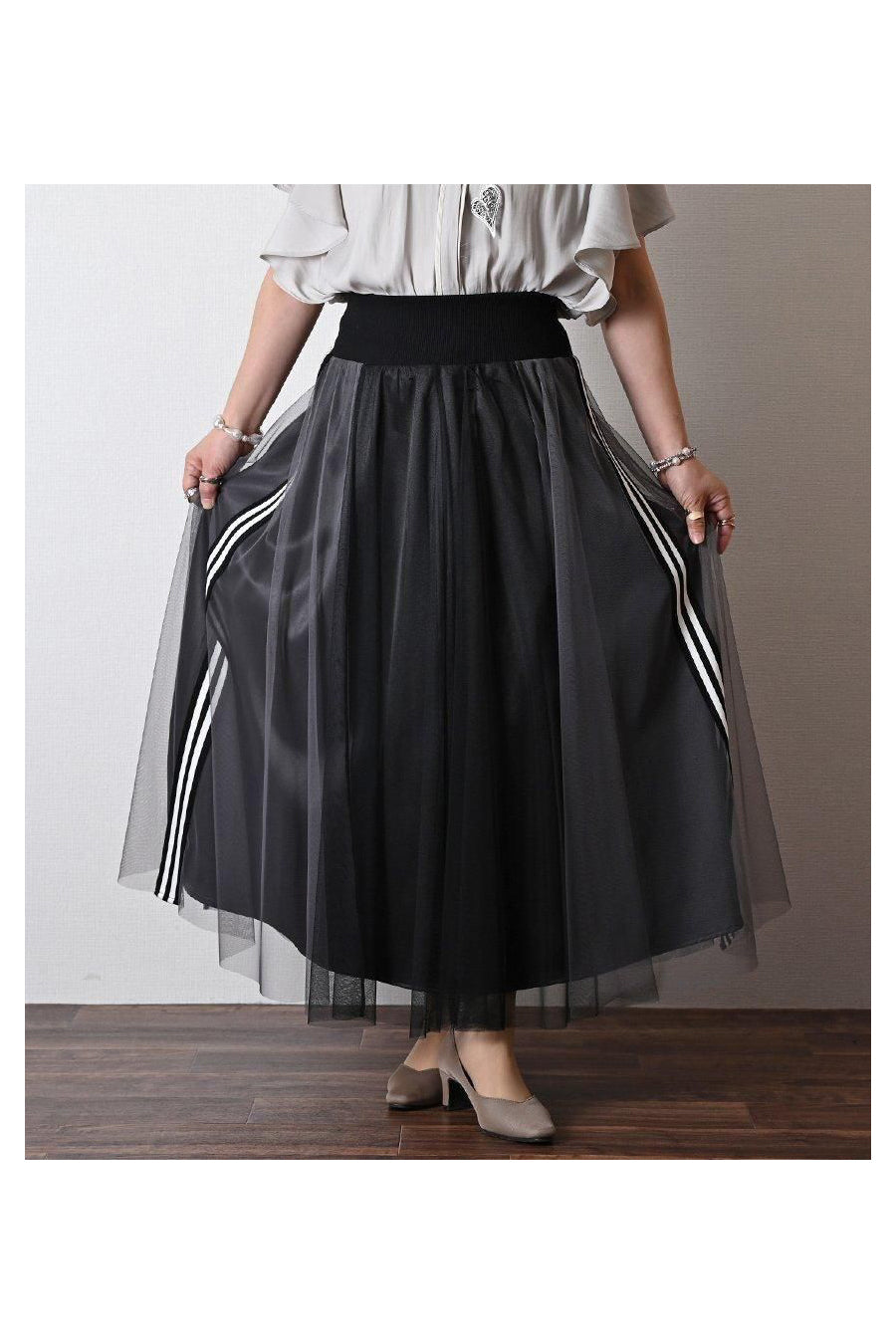 サイドテープシャイニーチュールレイヤードスカート