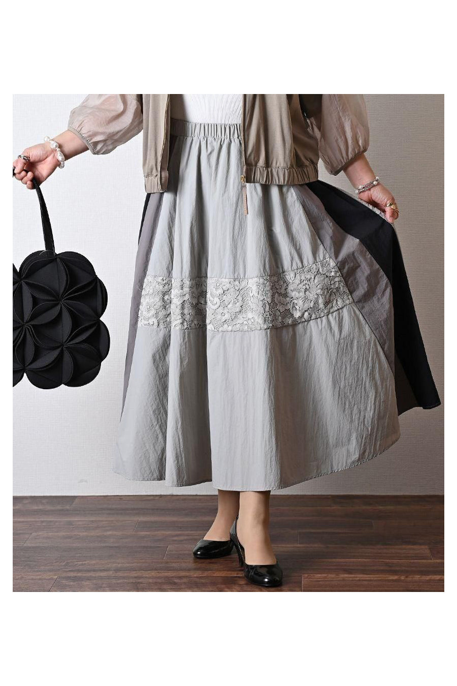 バイカラーナイロンワッシャー&レースフレアスカート