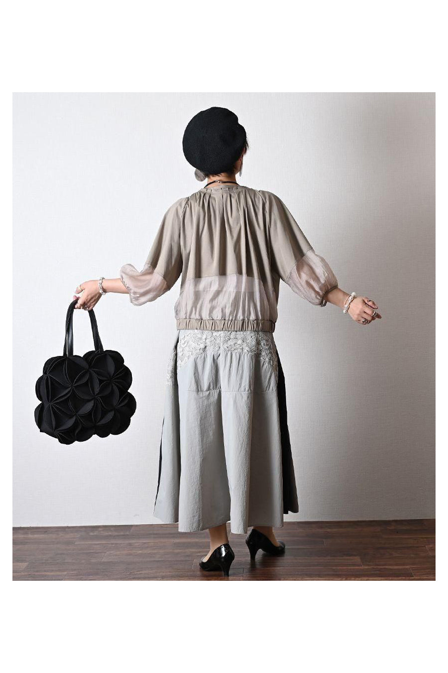 バイカラーナイロンワッシャー&レースフレアスカート