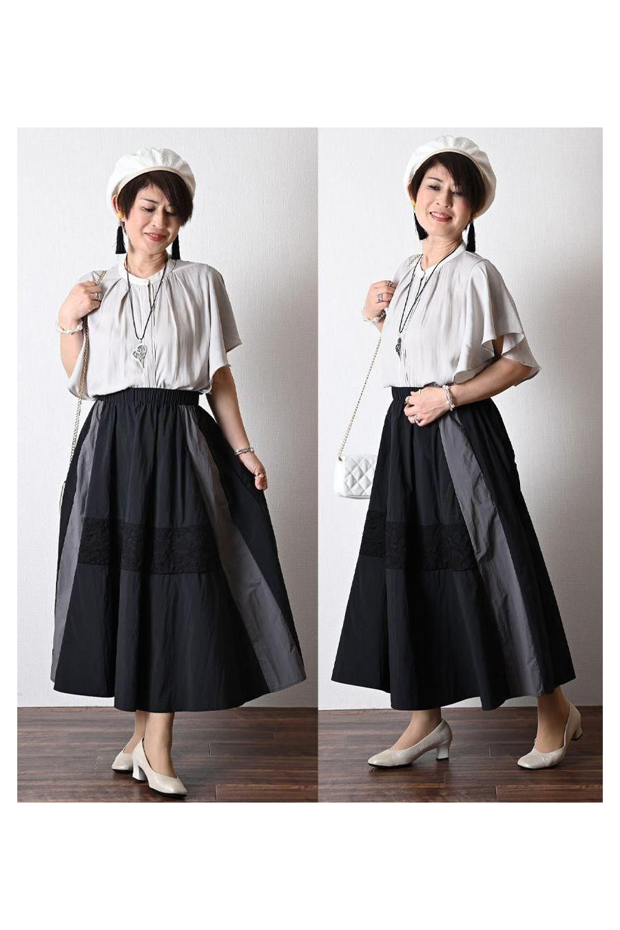 バイカラーナイロンワッシャー&レースフレアスカート