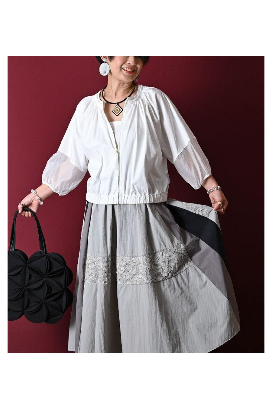 バイカラーナイロンワッシャー&レースフレアスカート