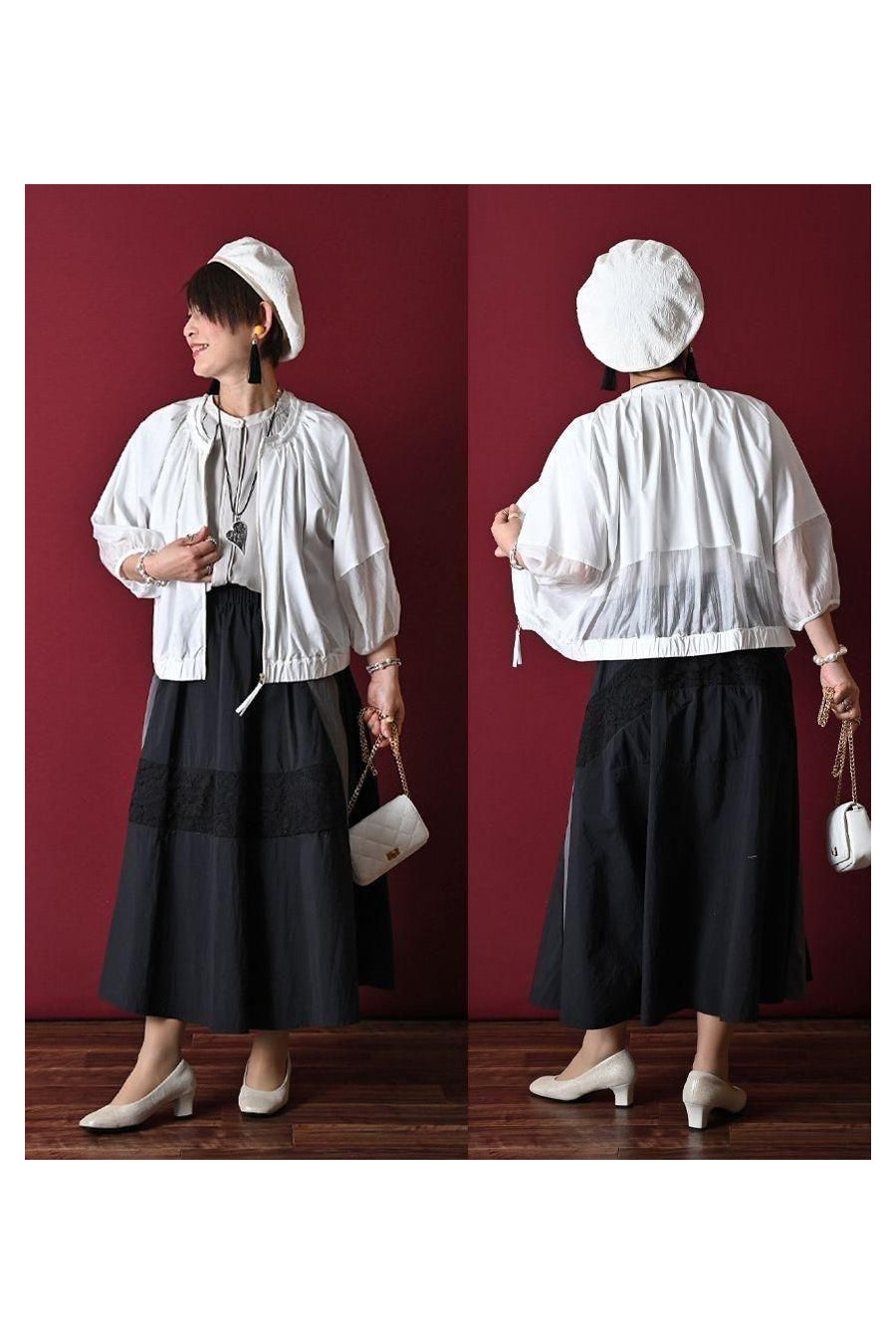 バイカラーナイロンワッシャー&レースフレアスカート