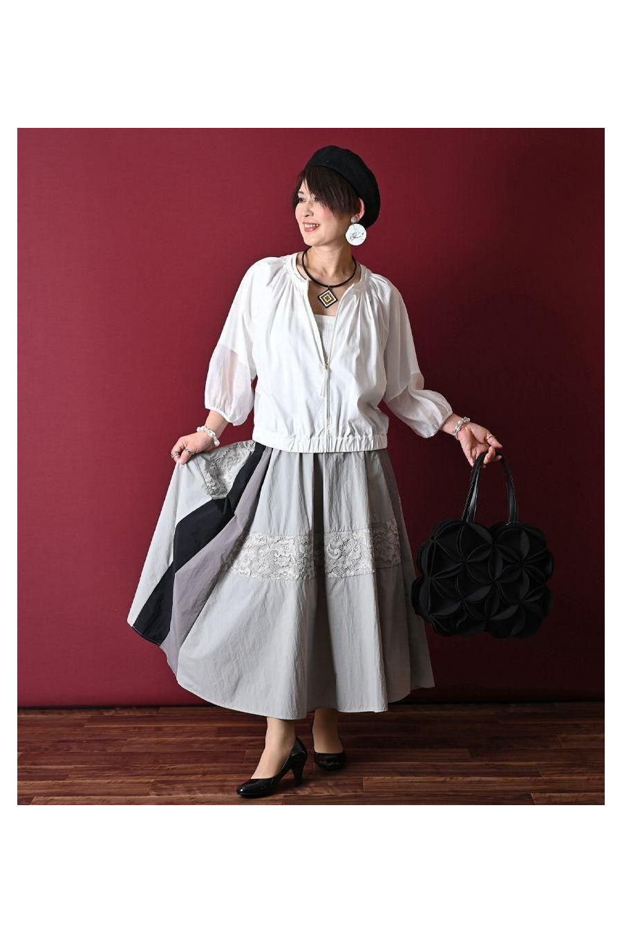 バイカラーナイロンワッシャー&レースフレアスカート