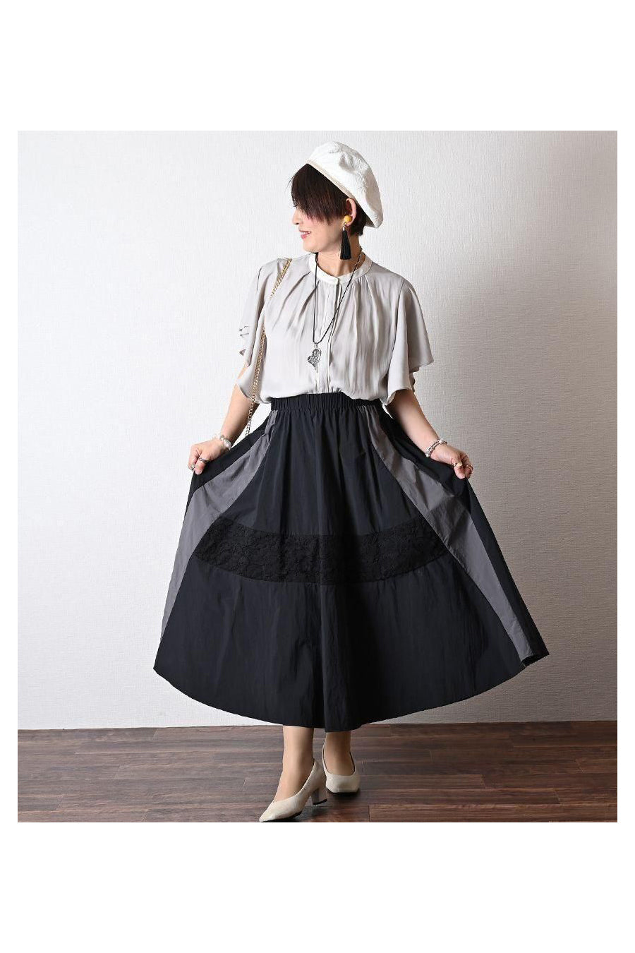 バイカラーナイロンワッシャー&レースフレアスカート
