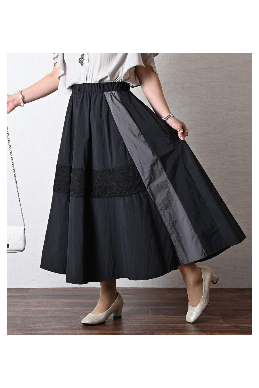 バイカラーナイロンワッシャー&レースフレアスカート