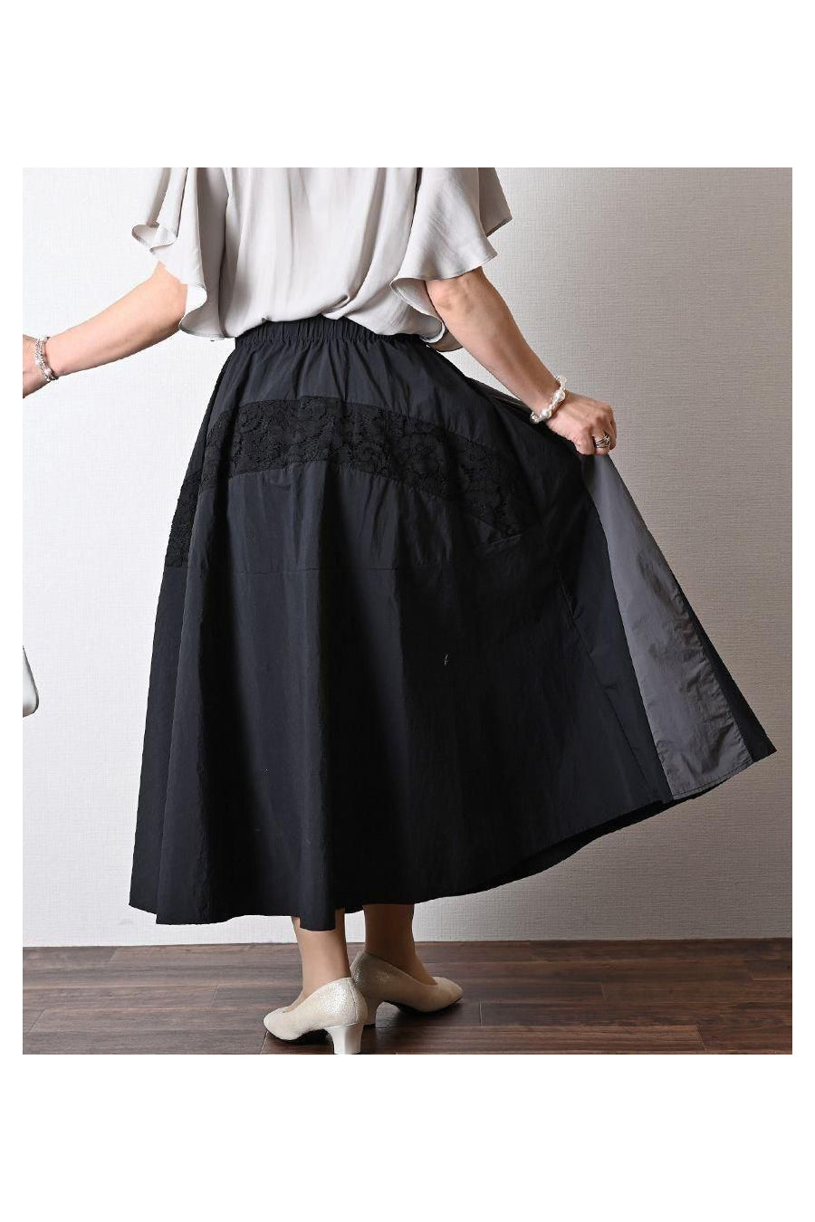 バイカラーナイロンワッシャー&レースフレアスカート