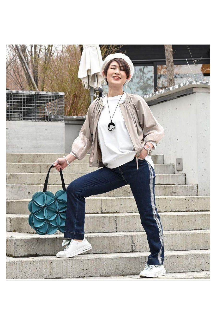 サイド箔プリント ストレッチデニムパンツ