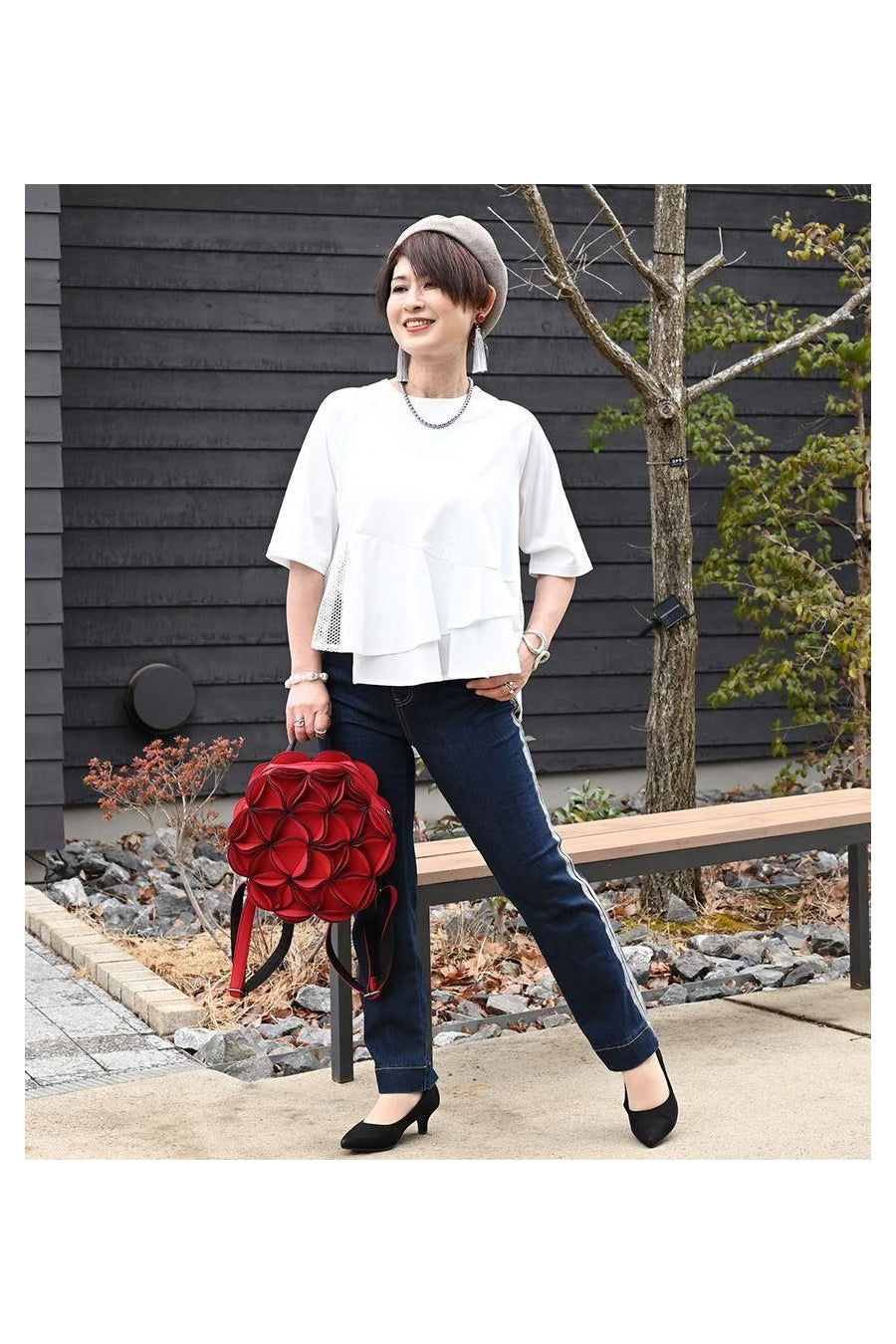 サイド箔プリント ストレッチデニムパンツ