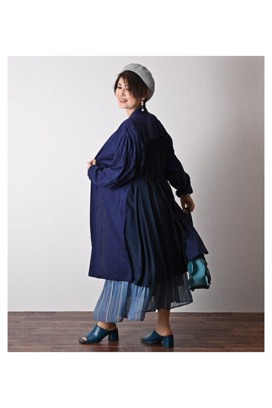 コットンシルケット バックシフォンロングカーディガン