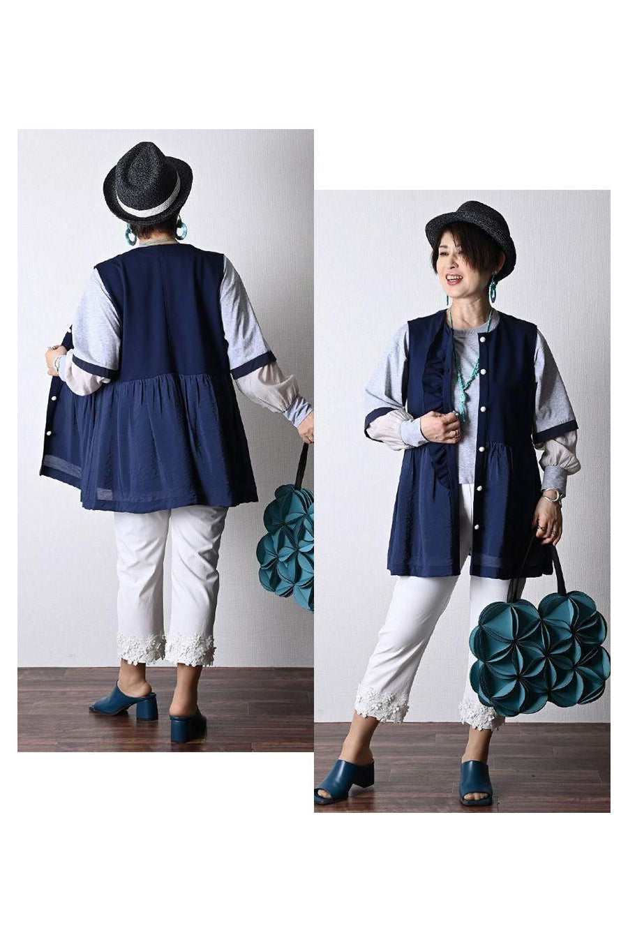 気になる部分を可愛くカバー!異素材切り替え フリルベスト