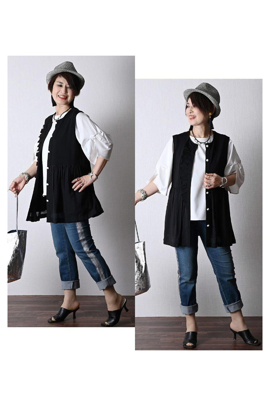 気になる部分を可愛くカバー!異素材切り替え フリルベスト