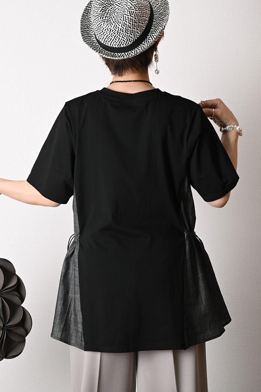 デニム切り替え Aラインフレアカットソー+パール&裾レース スーパーストレッチパンツ2点セットコーデ