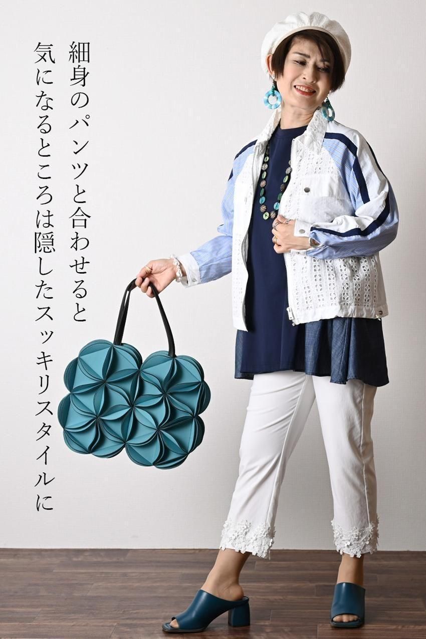 デニム切り替え Aラインフレアカットソー+パール&裾レース スーパーストレッチパンツ2点セットコーデ