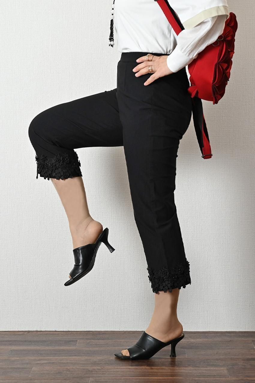 デニム切り替え Aラインフレアカットソー+パール&裾レース スーパーストレッチパンツ2点セットコーデ