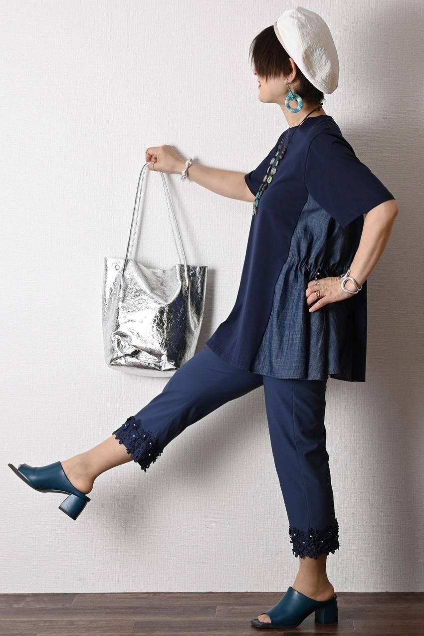 デニム切り替え Aラインフレアカットソー+パール&裾レース スーパーストレッチパンツ2点セットコーデ