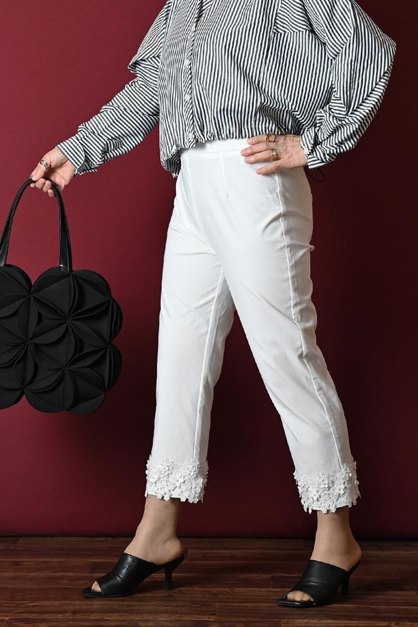 デニム切り替え Aラインフレアカットソー+パール&裾レース スーパーストレッチパンツ2点セットコーデ