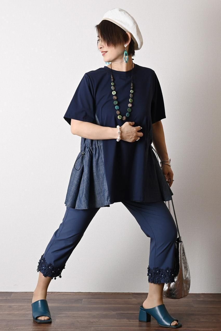 デニム切り替え Aラインフレアカットソー+パール&裾レース スーパーストレッチパンツ2点セットコーデ