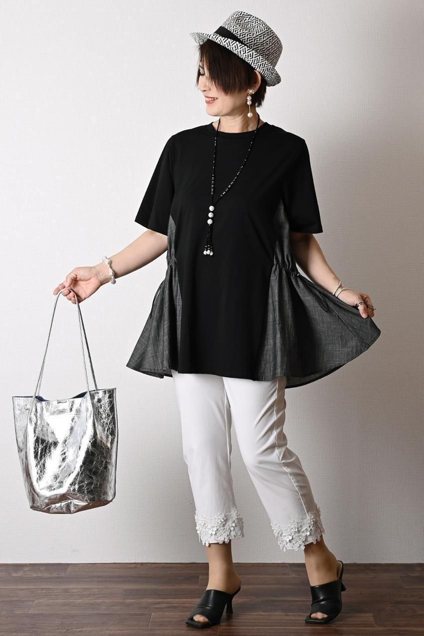 デニム切り替え Aラインフレアカットソー+パール&裾レース スーパーストレッチパンツ2点セットコーデ