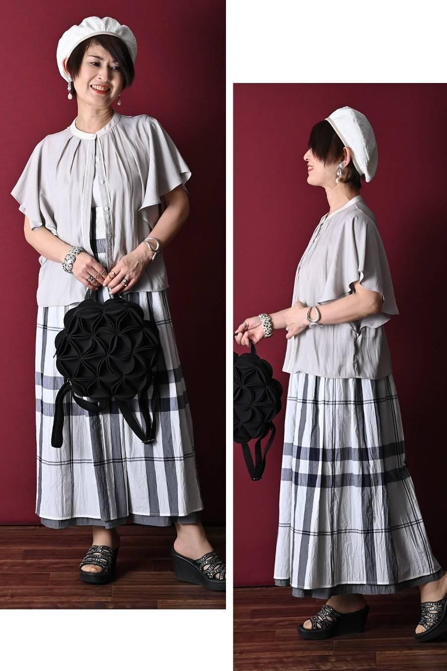 希少綾織微光沢フリル袖ブラウス+マキシ丈 リバーシブルハイウエストスカート2点セットコーデ