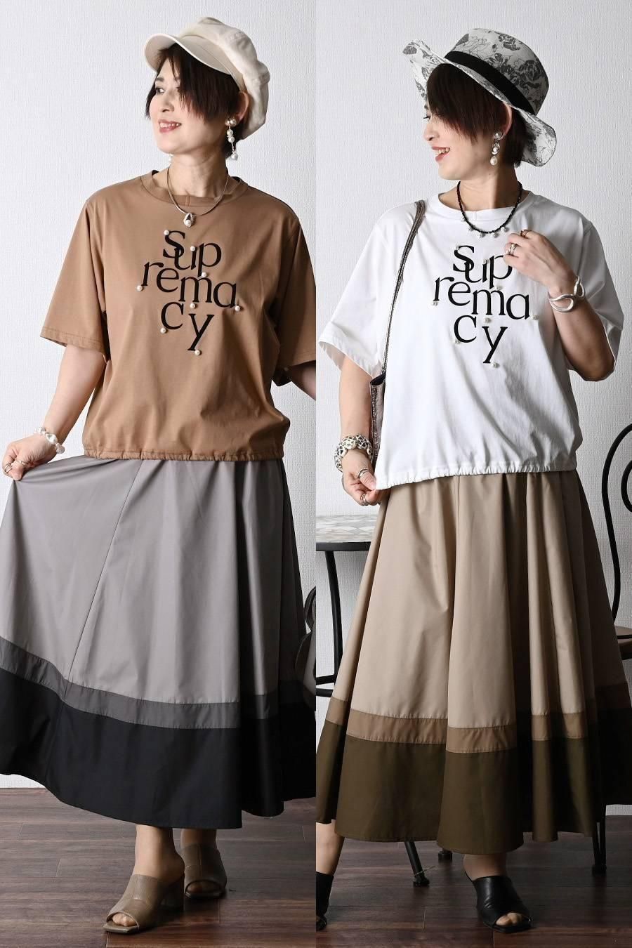 フロッキープリント&パール 格上カットソー+トリコロールフレアスカート2点セットコーデ