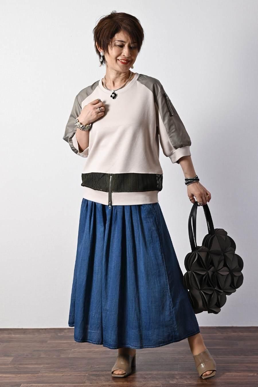 柔らか五分袖プルオーバー+軽量ソフトワイドパンツ2点セットコーデ