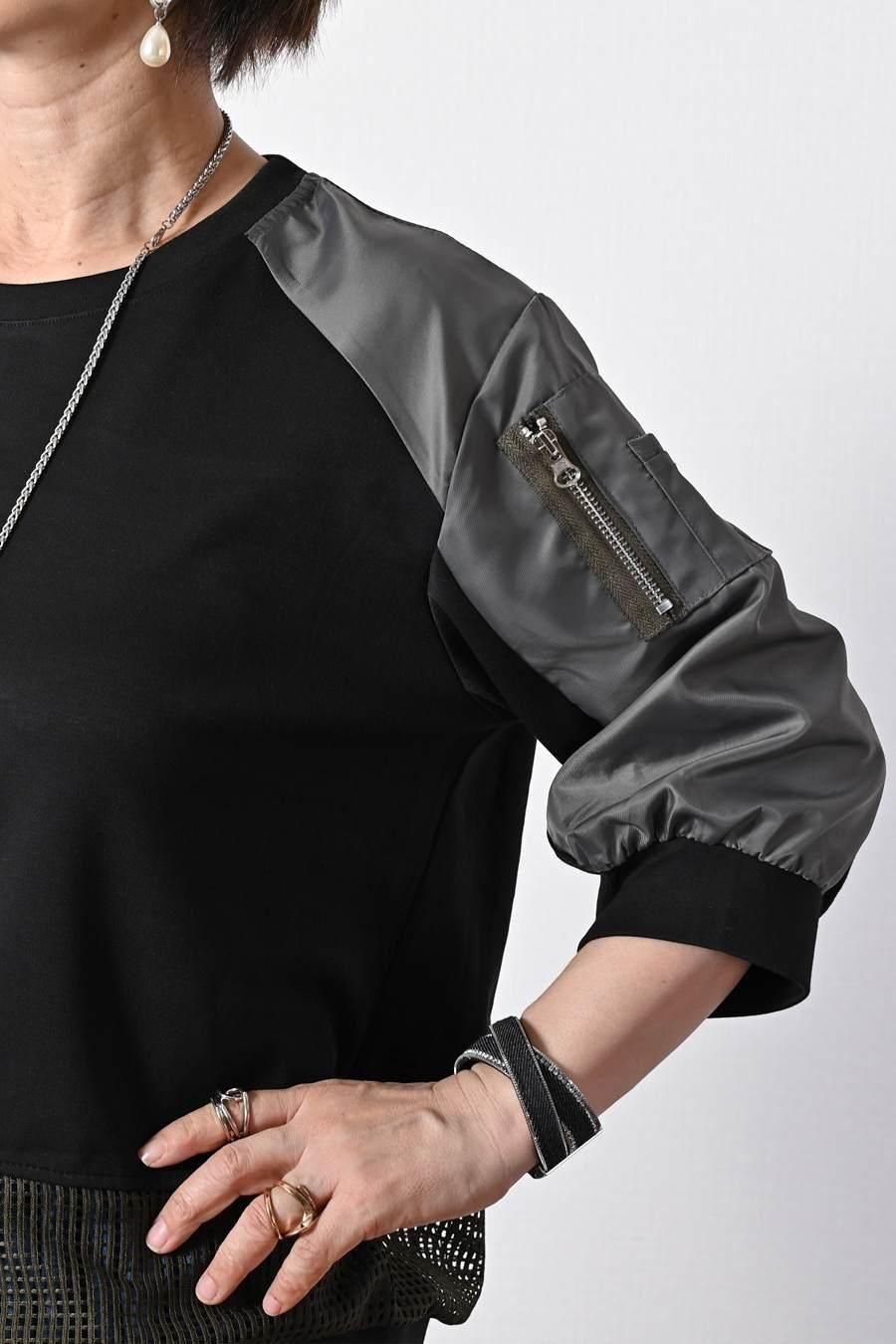 柔らか五分袖プルオーバー+軽量ソフトワイドパンツ2点セットコーデ