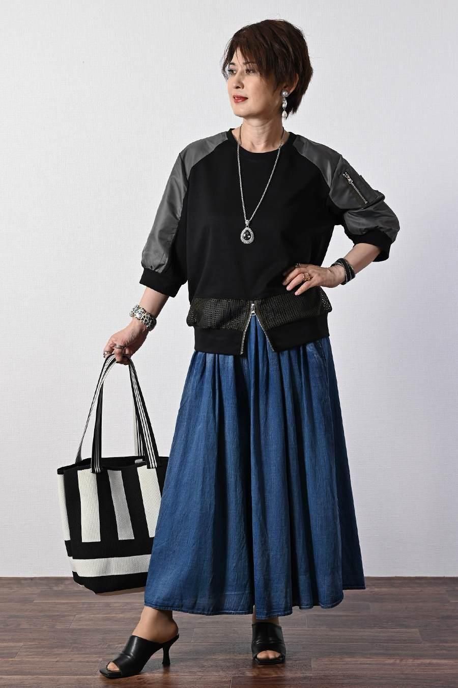 柔らか五分袖プルオーバー+軽量ソフトワイドパンツ2点セットコーデ