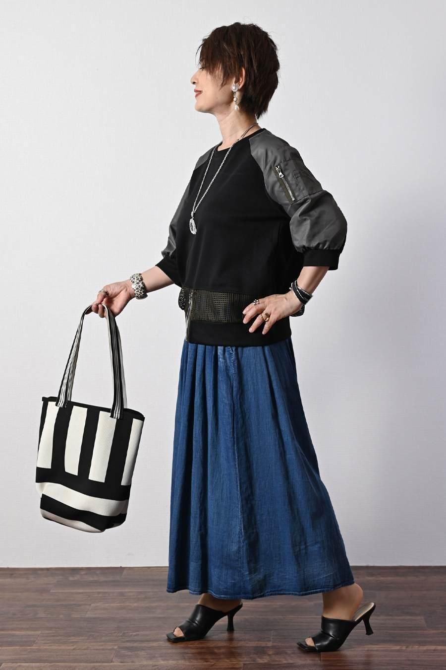 柔らか五分袖プルオーバー+軽量ソフトワイドパンツ2点セットコーデ