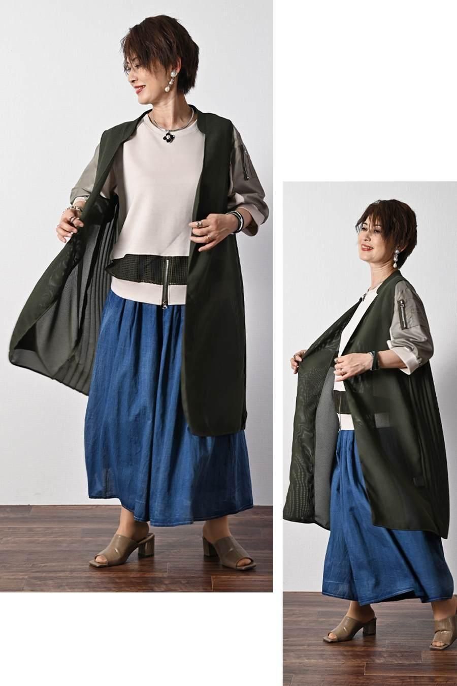 柔らか五分袖プルオーバー+軽量ソフトワイドパンツ2点セットコーデ