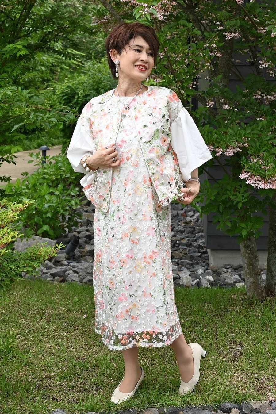 オーガンジーフラワー刺繍&プリントゴージャスワンピース&ジャケットセットアップ