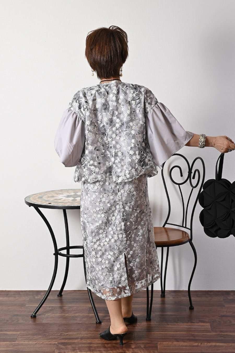 オーガンジーフラワー刺繍&プリントゴージャスワンピース&ジャケットセットアップ