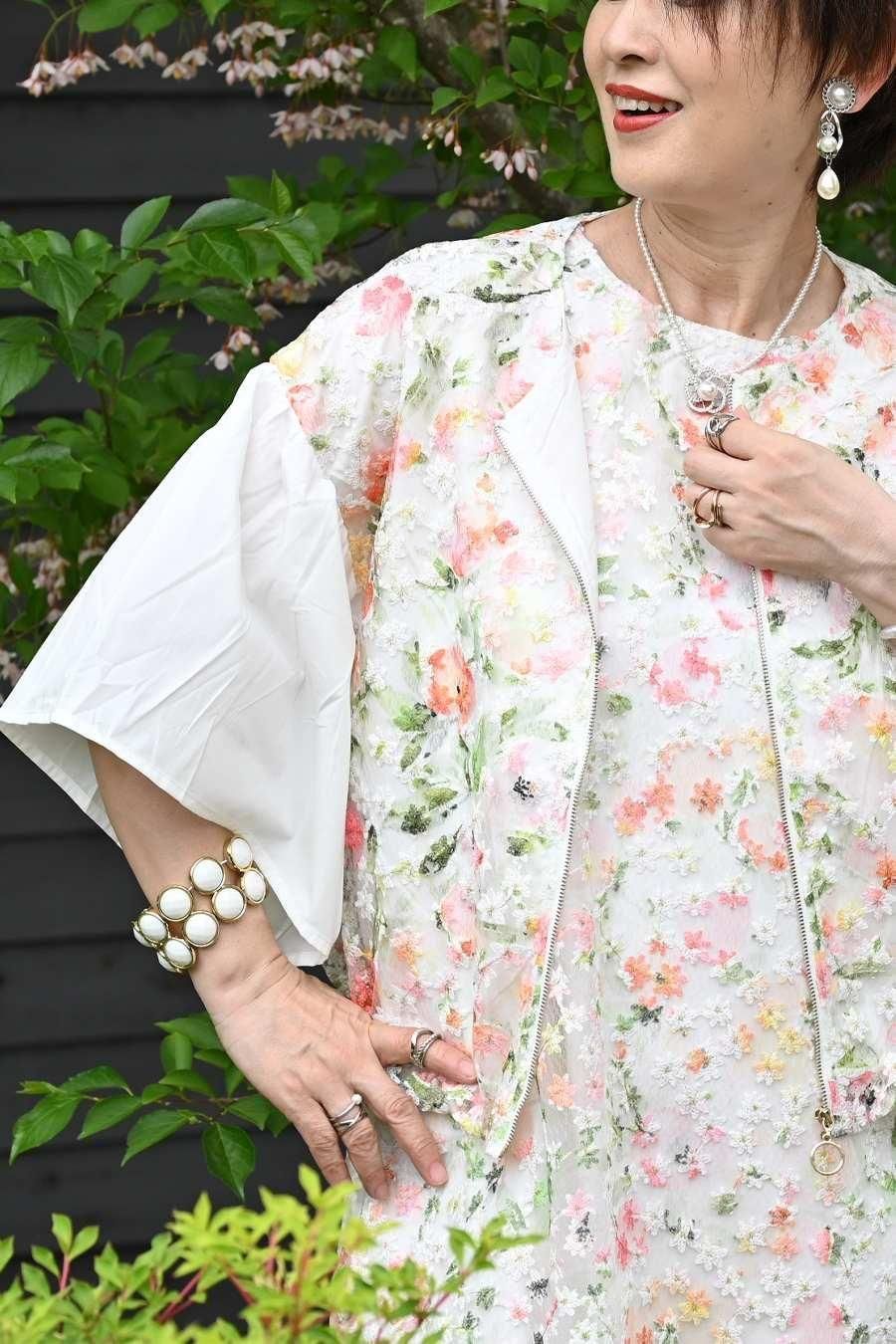 オーガンジーフラワー刺繍&プリントゴージャスワンピース&ジャケットセットアップ