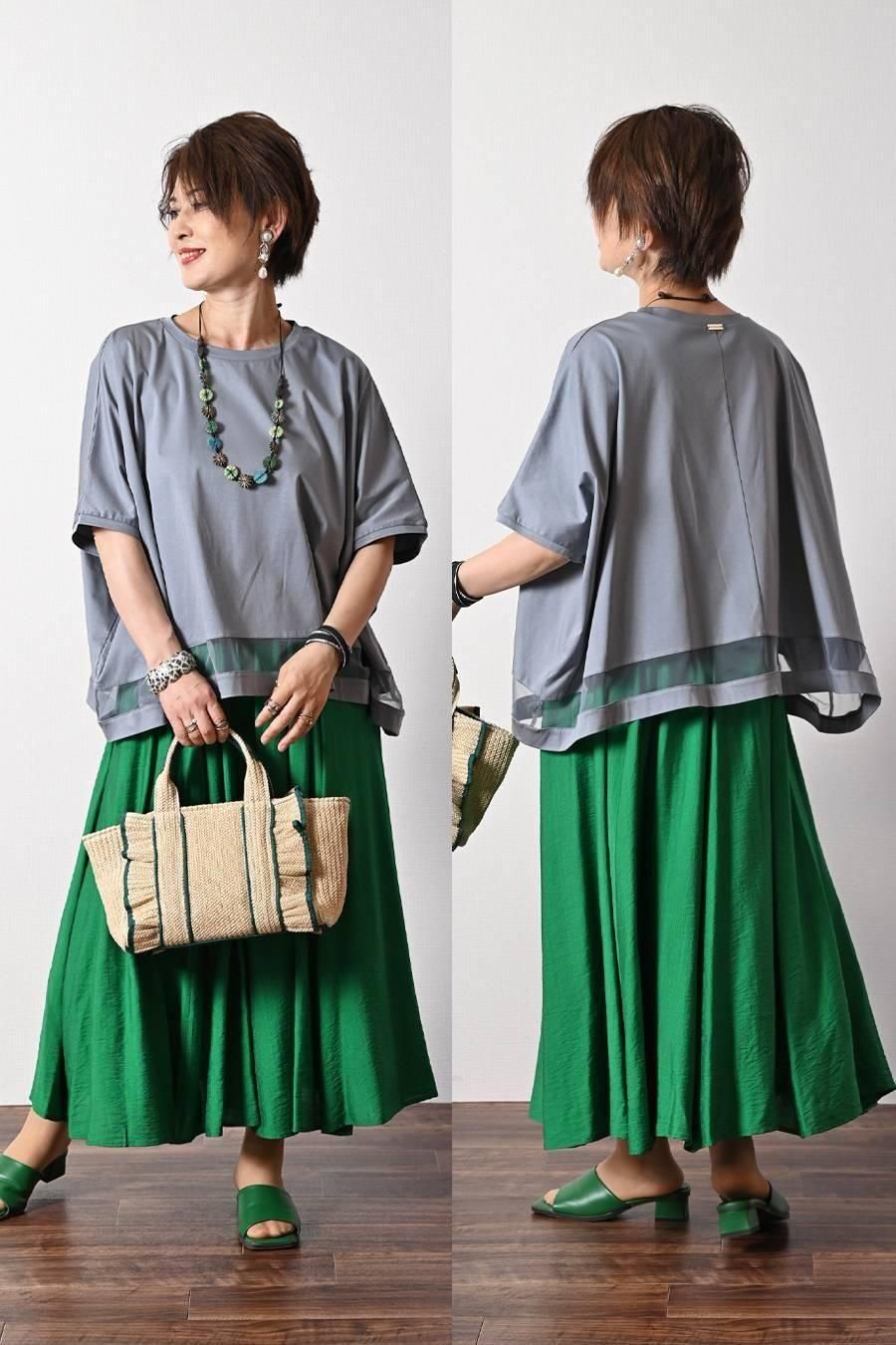 スクエア型ビッグシルエット!ひんやりシルケット チュール切り替えプルオーバー