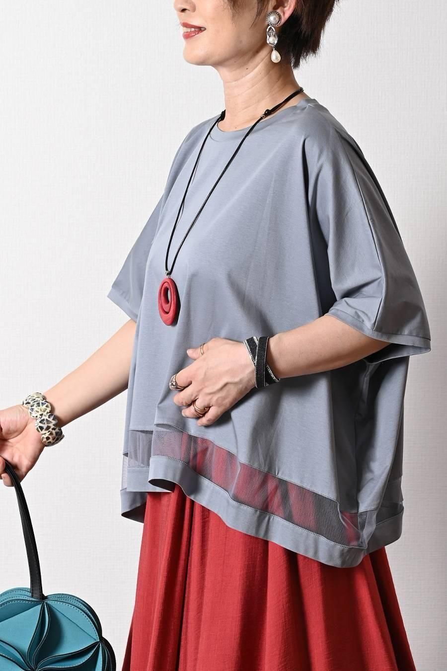 スクエア型ビッグシルエット!ひんやりシルケット チュール切り替えプルオーバー