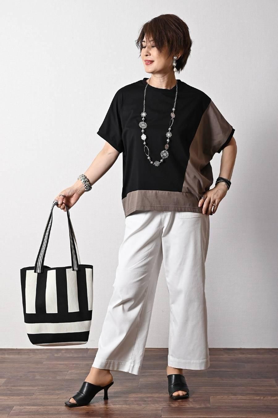 バイカラーアシメトリープルオーバー+ベイカー風ストレッチワイドパンツ2点セットコーデ