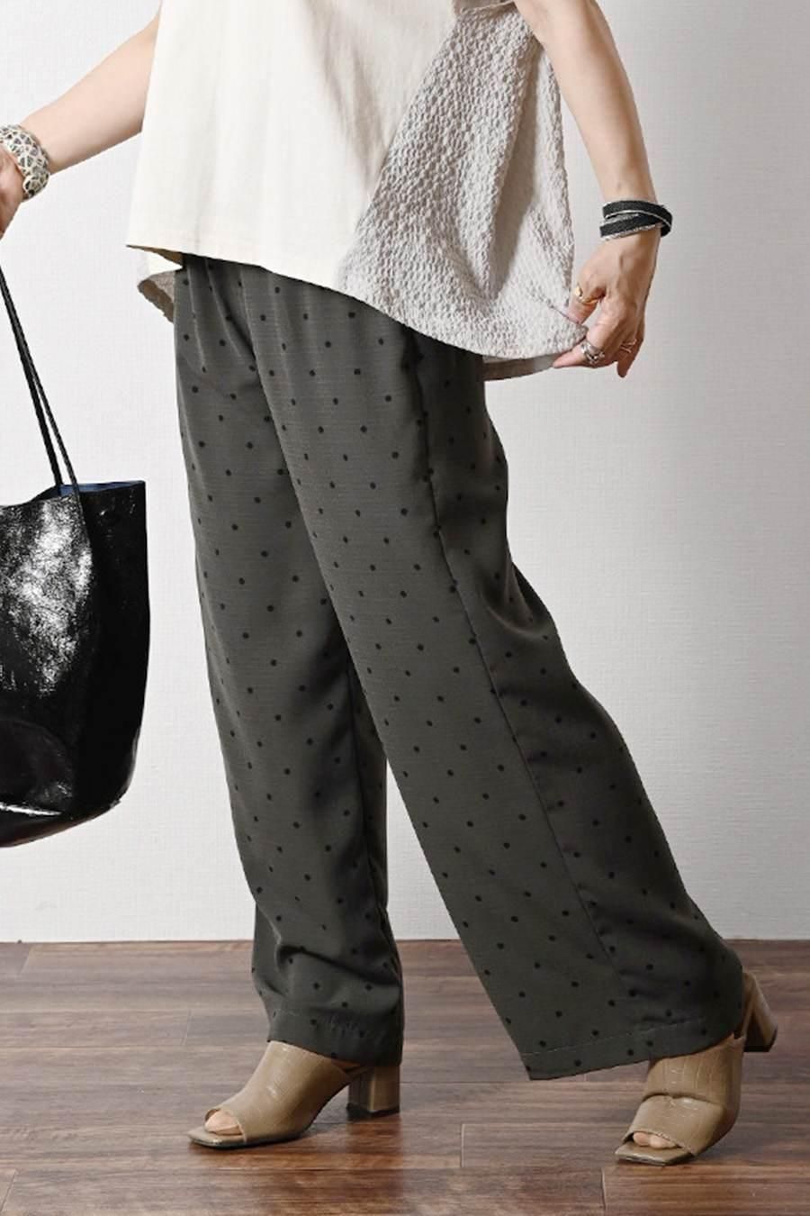 サラッと快適!麻調合繊水玉プリントワイドパンツ