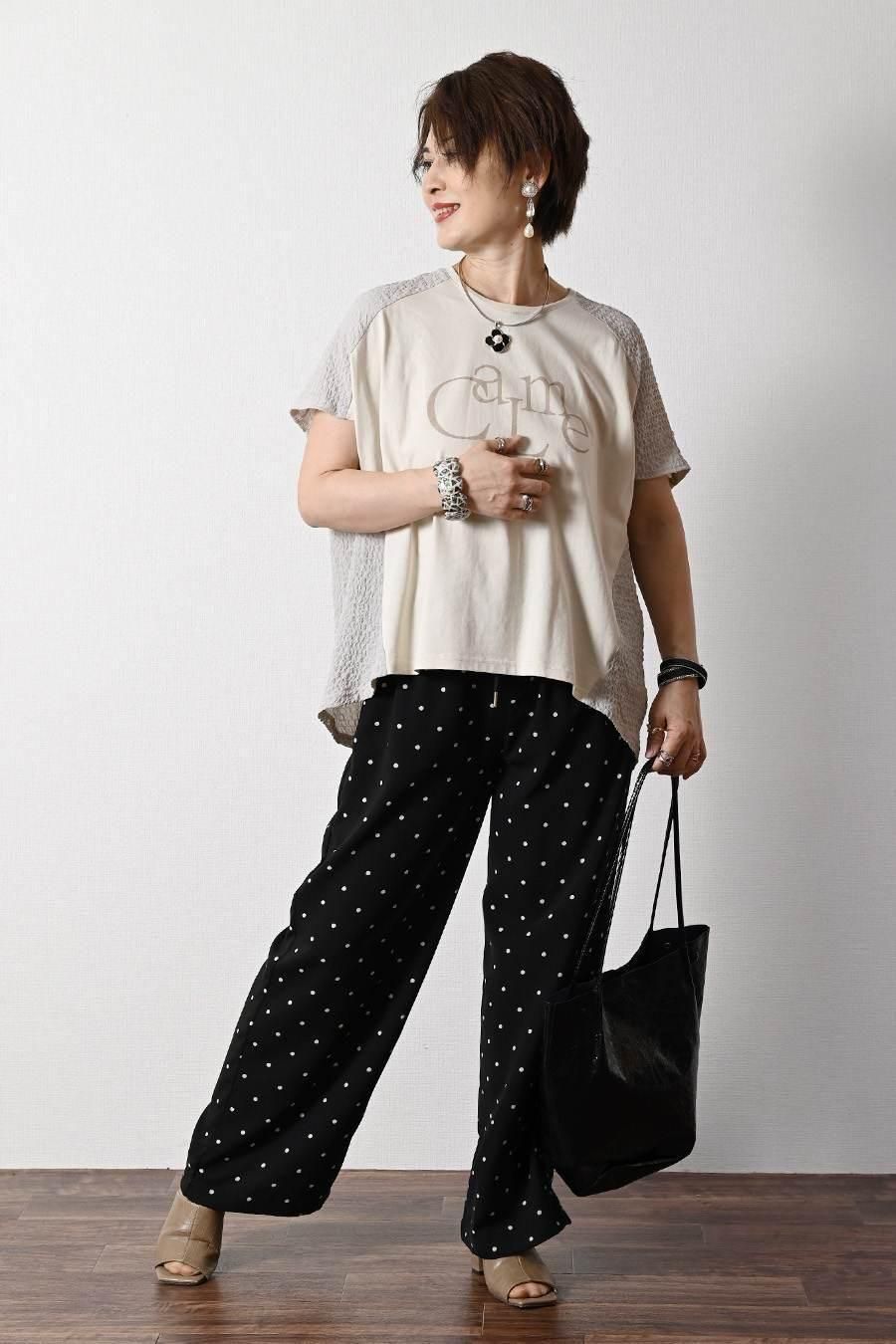 サラッと快適!麻調合繊水玉プリントワイドパンツ