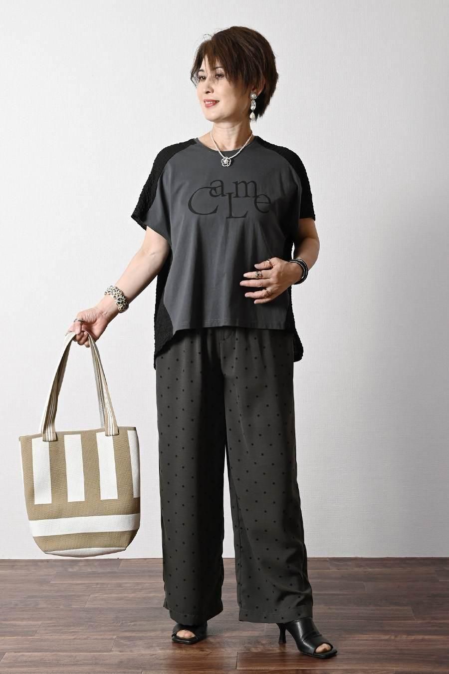 サラッと快適!麻調合繊水玉プリントワイドパンツ