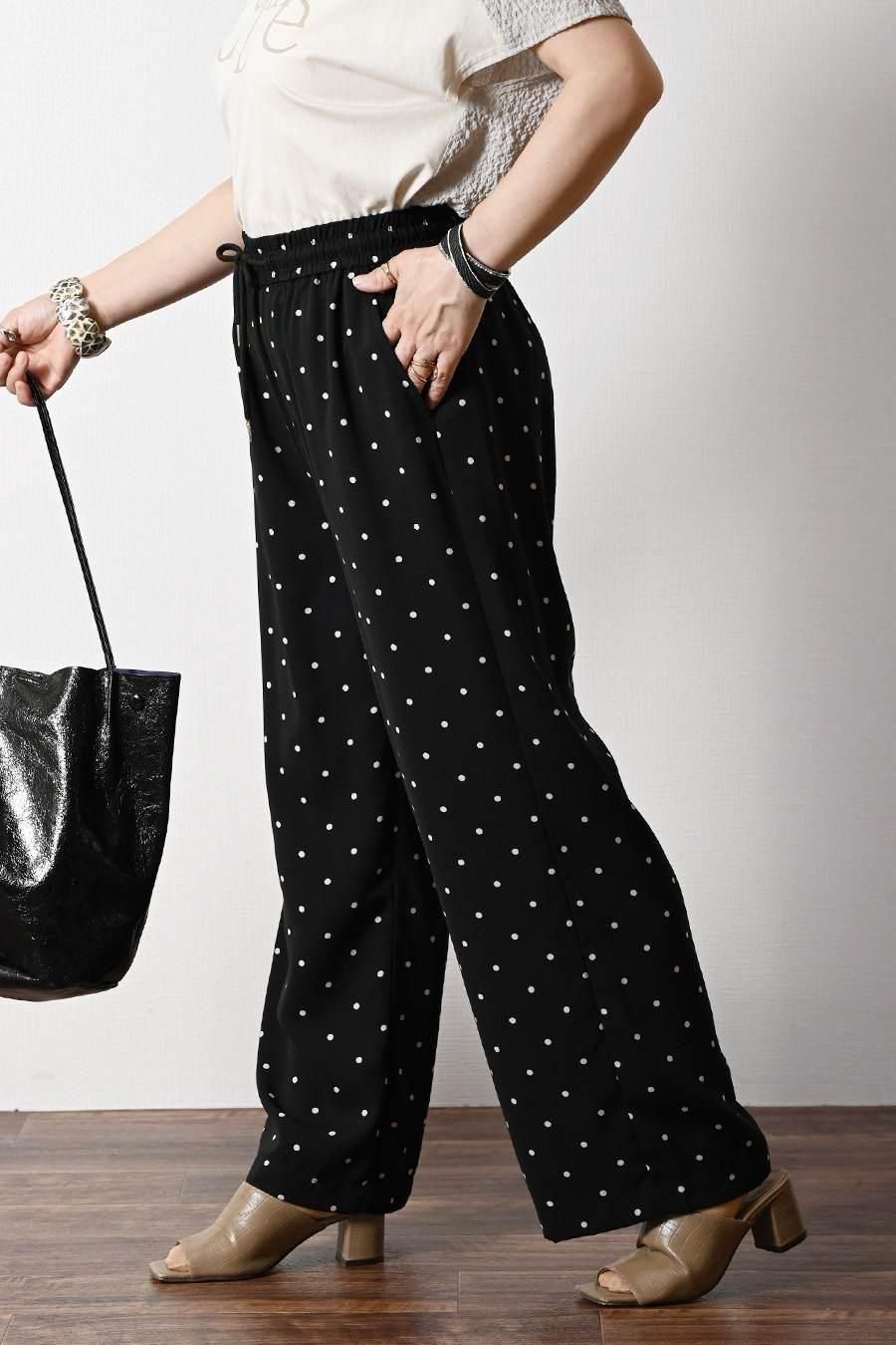 サラッと快適!麻調合繊水玉プリントワイドパンツ