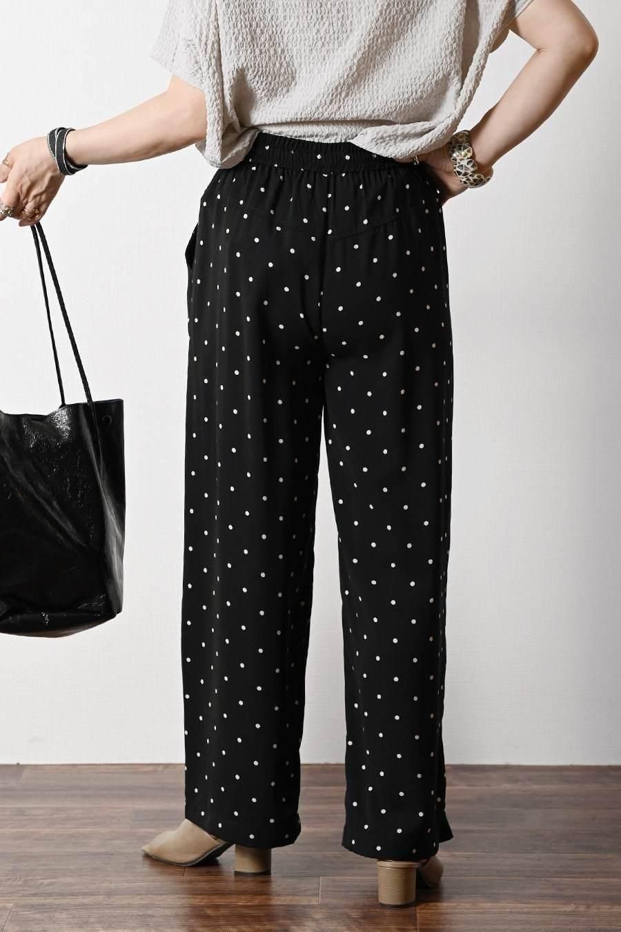 サラッと快適!麻調合繊水玉プリントワイドパンツ