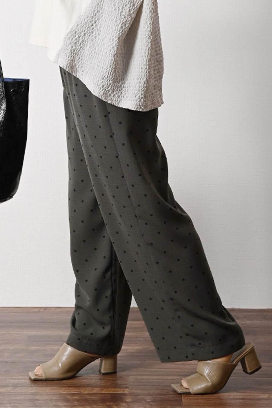 サラッと快適!麻調合繊水玉プリントワイドパンツ