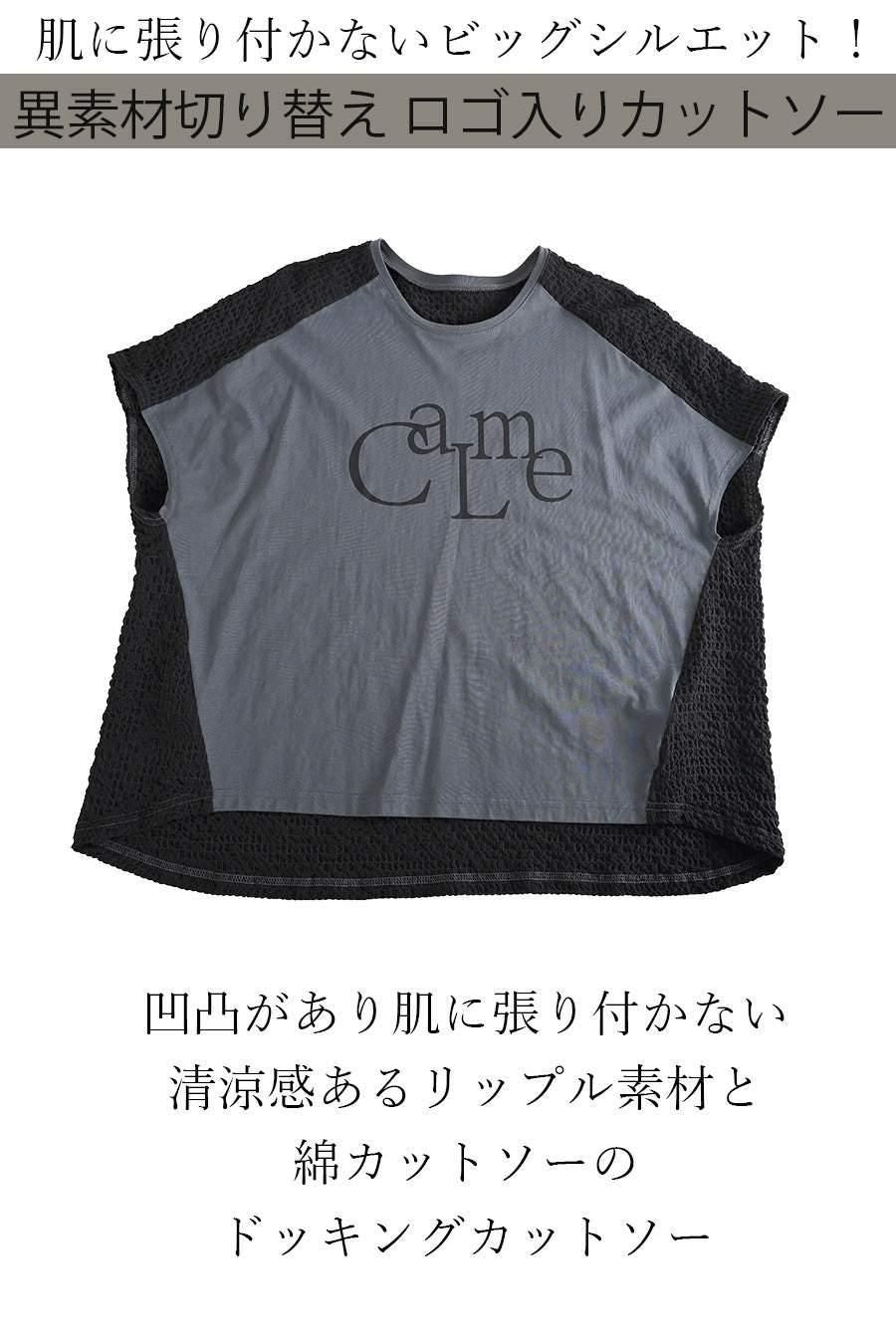 異素材切り替え ロゴ入りカットソー+水玉プリントワイドパンツ2点セットコーデ