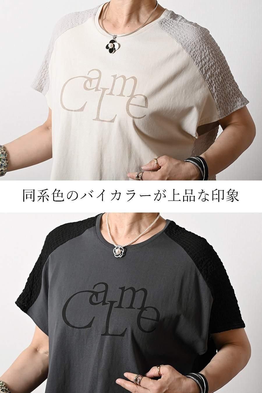 異素材切り替え ロゴ入りカットソー+水玉プリントワイドパンツ2点セットコーデ