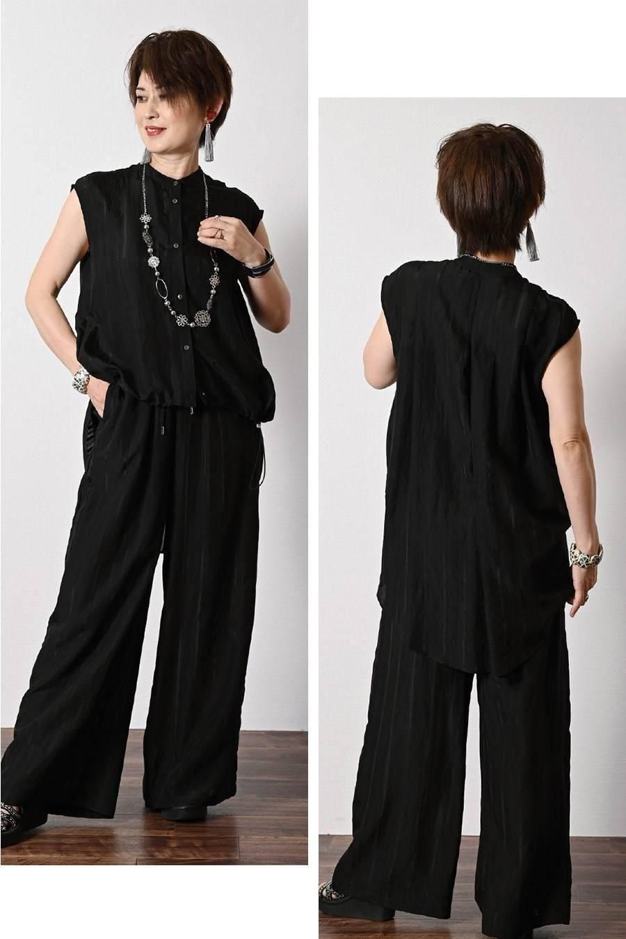 シャドーストライプキャップスリーブブラウス+シャドーストライプワイドパンツ2点セットコーデ