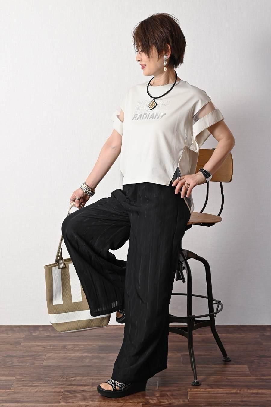 箔プリント&チュール切り替えカットソー+シャドーストライプワイドパンツ2点セットコーデ