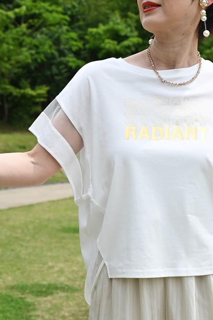 箔プリント&チュール切り替えカットソー+シャドーストライプワイドパンツ2点セットコーデ