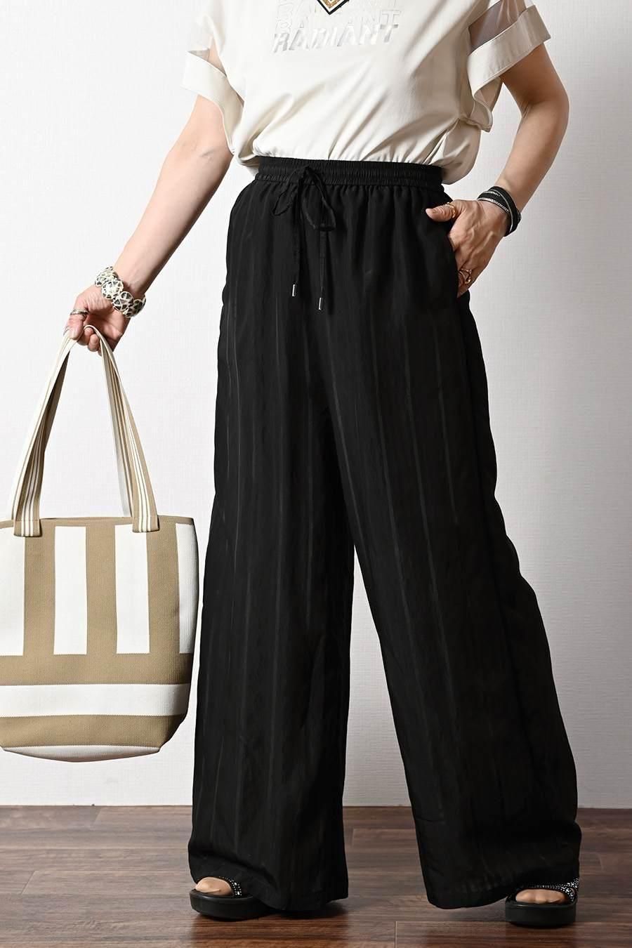 箔プリント&チュール切り替えカットソー+シャドーストライプワイドパンツ2点セットコーデ